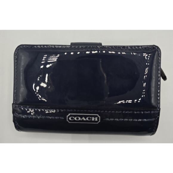 COACH Shiny Patent Leather Snap Card Case Wallet Navy Blue - Picture 1 of 10